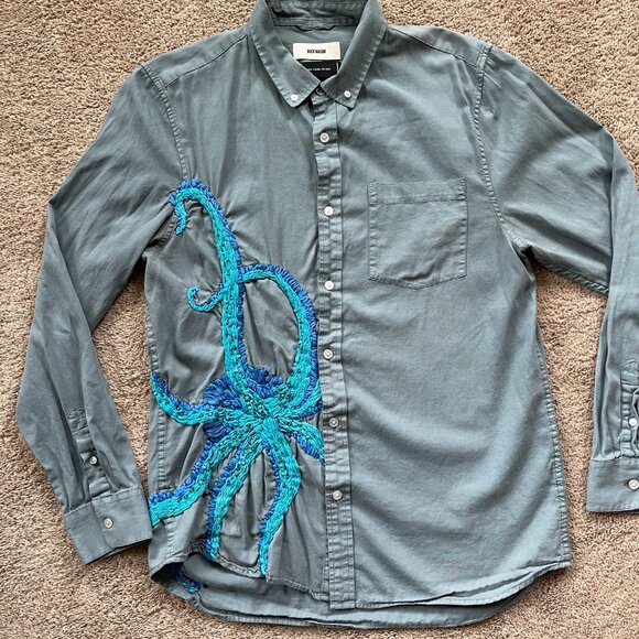 Buck Mason Shirt Mens L Gray Blue Embroidered Octopus Beaded Art Chris Hynds - Picture 5 of 13